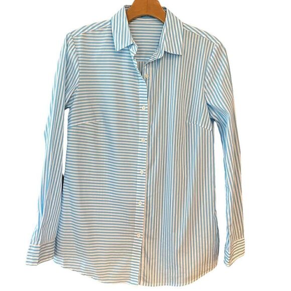 J. McLaughlin NWT Sz XS Light Blue White Stripes Classic Collar Button Shirt - Picture 1 of 7